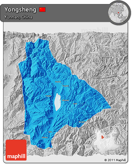 Political 3D Map of Yongsheng, lighten, desaturated