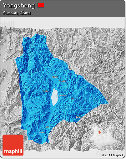 Political 3D Map of Yongsheng, lighten, desaturated