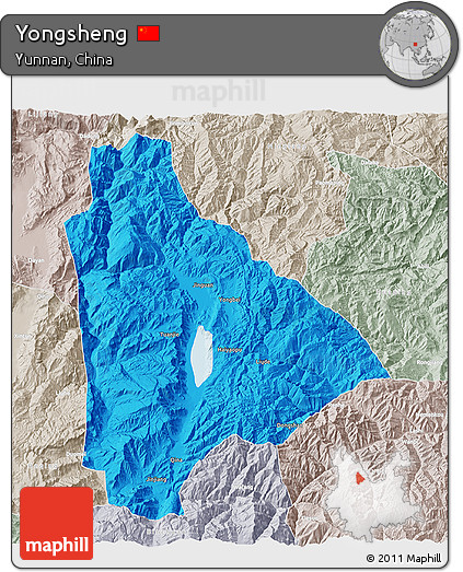 Political 3D Map of Yongsheng, lighten, semi-desaturated