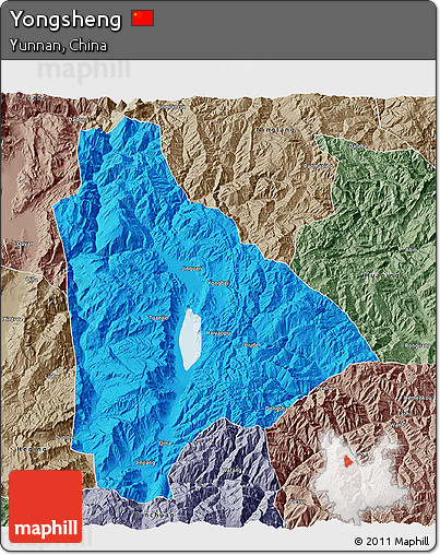 Political 3D Map of Yongsheng, semi-desaturated