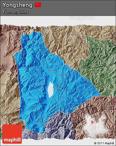 Political 3D Map of Yongsheng, semi-desaturated
