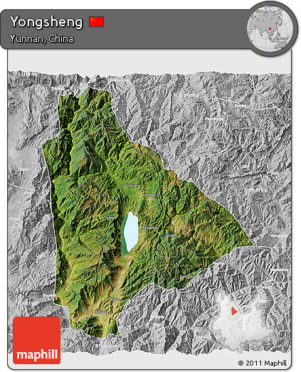 Satellite 3D Map of Yongsheng, lighten, desaturated