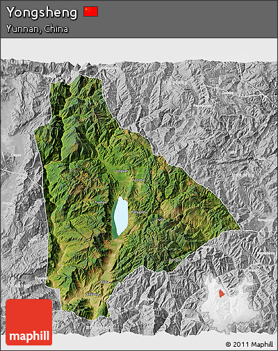 Satellite 3D Map of Yongsheng, lighten, desaturated