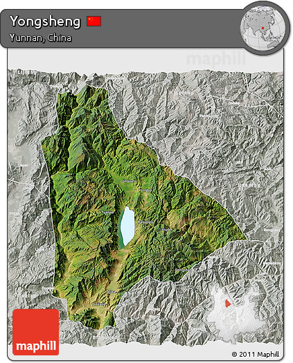 Satellite 3D Map of Yongsheng, lighten, semi-desaturated