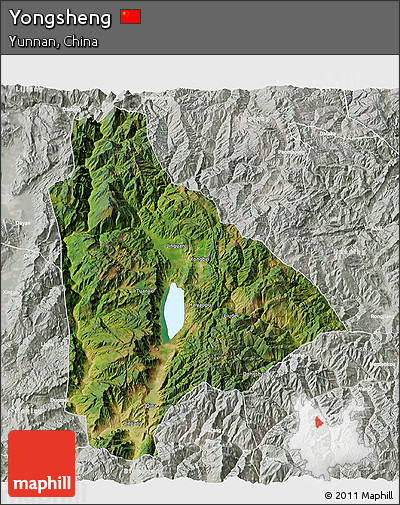 Satellite 3D Map of Yongsheng, lighten, semi-desaturated