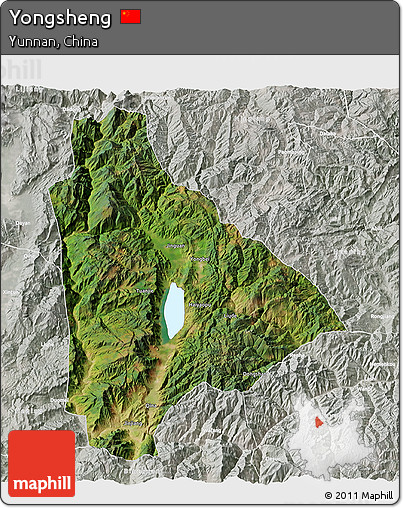 Satellite 3D Map of Yongsheng, lighten, semi-desaturated