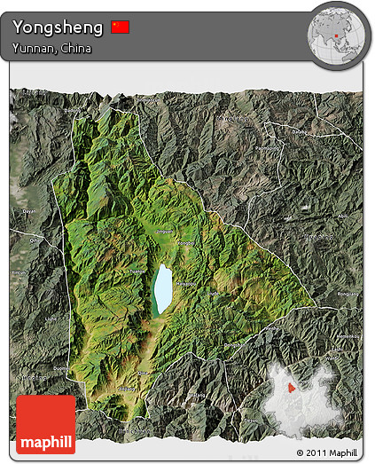 Satellite 3D Map of Yongsheng, semi-desaturated
