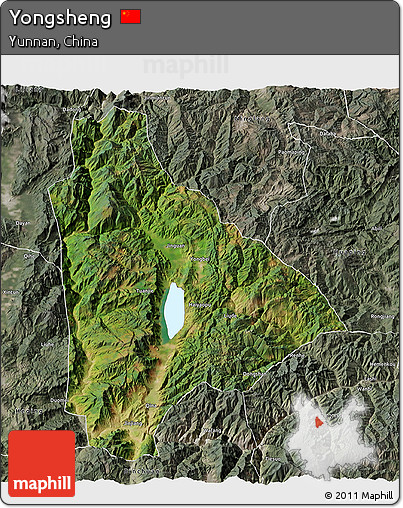 Satellite 3D Map of Yongsheng, semi-desaturated