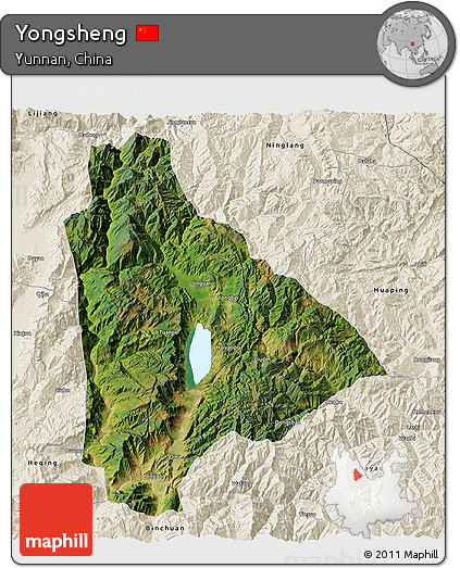 Satellite 3D Map of Yongsheng, shaded relief outside