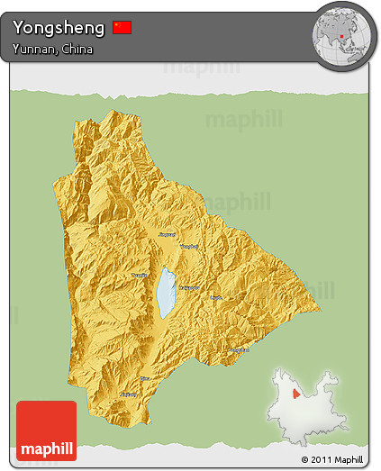 Savanna Style 3D Map of Yongsheng, single color outside
