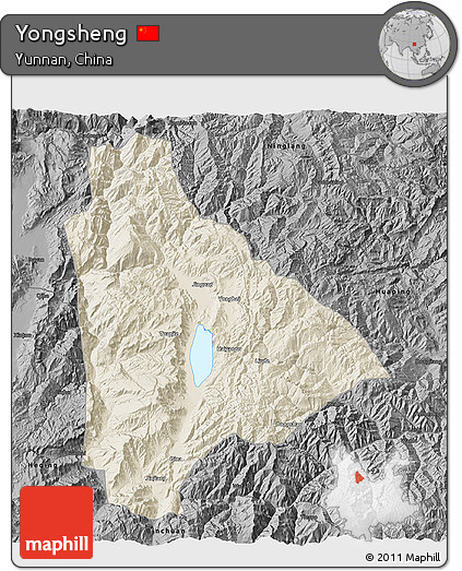 Shaded Relief 3D Map of Yongsheng, darken, desaturated