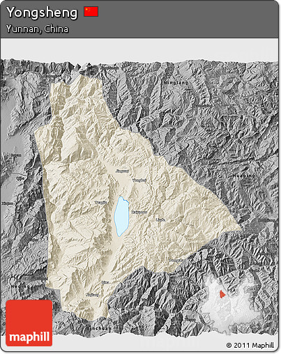 Shaded Relief 3D Map of Yongsheng, darken, desaturated