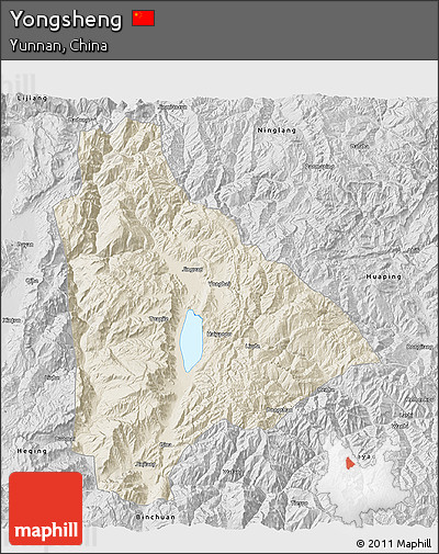 Shaded Relief 3D Map of Yongsheng, desaturated