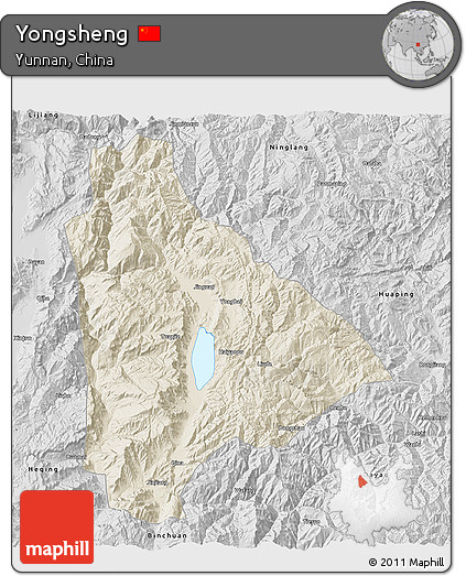 Shaded Relief 3D Map of Yongsheng, desaturated