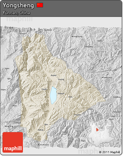 Shaded Relief 3D Map of Yongsheng, desaturated