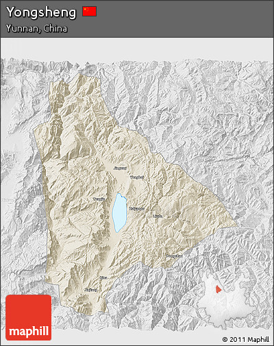 Shaded Relief 3D Map of Yongsheng, lighten, desaturated