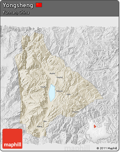 Shaded Relief 3D Map of Yongsheng, lighten, desaturated