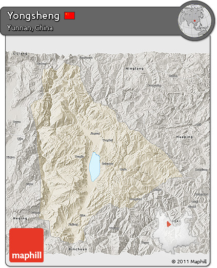 Shaded Relief 3D Map of Yongsheng, semi-desaturated