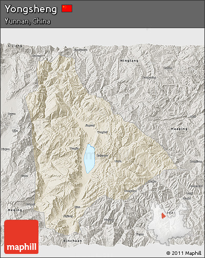 Shaded Relief 3D Map of Yongsheng, semi-desaturated