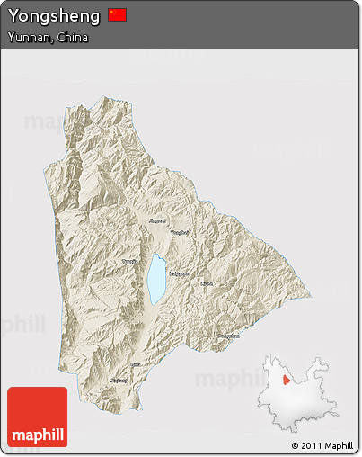 Shaded Relief 3D Map of Yongsheng, single color outside