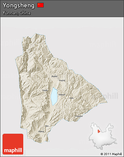 Shaded Relief 3D Map of Yongsheng, single color outside