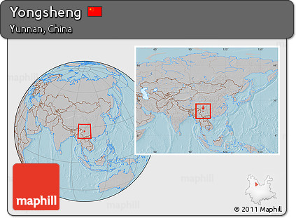 Gray Location Map of Yongsheng, within the entire country, hill shading