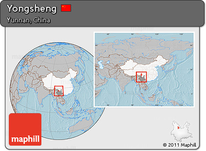 Gray Location Map of Yongsheng, highlighted country, highlighted parent region, within the entire country, hill shading