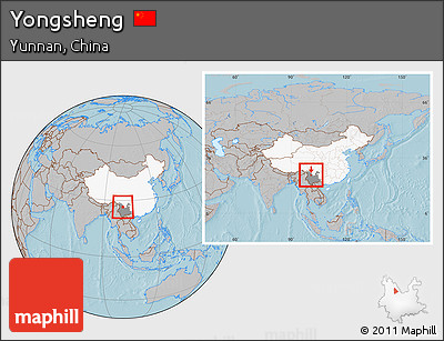 Gray Location Map of Yongsheng, highlighted country, highlighted parent region, within the entire country, hill shading