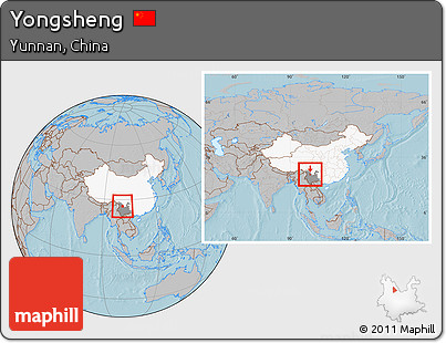 Gray Location Map of Yongsheng, highlighted country, highlighted parent region, within the entire country, hill shading