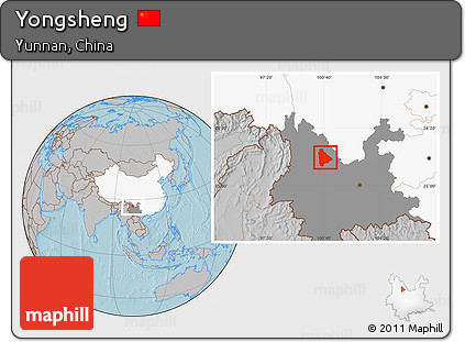 Gray Location Map of Yongsheng, highlighted country, highlighted parent region, hill shading