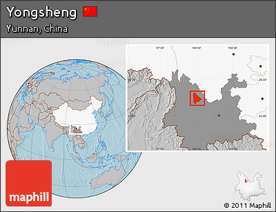Gray Location Map of Yongsheng, highlighted country, highlighted parent region, hill shading