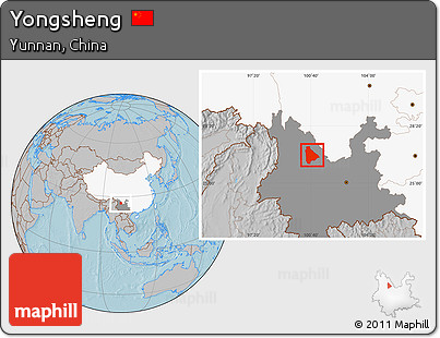 Gray Location Map of Yongsheng, highlighted country, highlighted parent region, hill shading