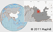 Gray Location Map of Yongsheng, highlighted country, highlighted parent region, hill shading