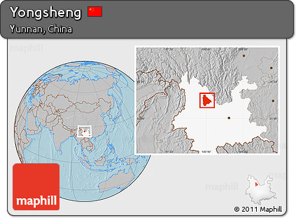 Gray Location Map of Yongsheng, highlighted parent region, hill shading
