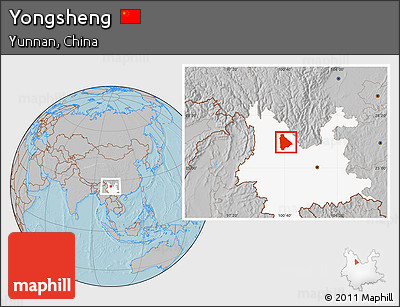 Gray Location Map of Yongsheng, highlighted parent region, hill shading