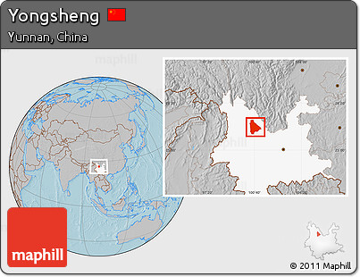 Gray Location Map of Yongsheng, highlighted parent region, hill shading