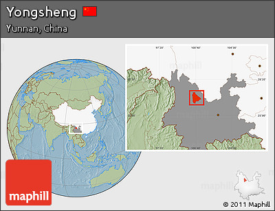 Savanna Style Location Map of Yongsheng, highlighted country, highlighted parent region, hill shading