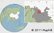 Savanna Style Location Map of Yongsheng, highlighted country, highlighted parent region, hill shading