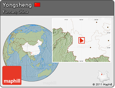 Savanna Style Location Map of Yongsheng, highlighted country, hill shading
