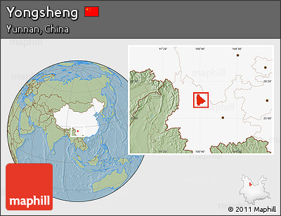 Savanna Style Location Map of Yongsheng, highlighted country, hill shading