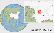 Savanna Style Location Map of Yongsheng, highlighted country, hill shading