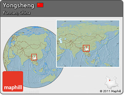 Savanna Style Location Map of Yongsheng, highlighted parent region, within the entire country, hill shading