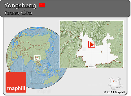 Savanna Style Location Map of Yongsheng, highlighted parent region, hill shading