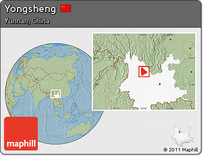 Savanna Style Location Map of Yongsheng, highlighted parent region, hill shading