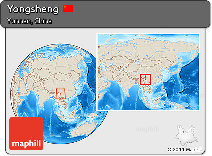 Shaded Relief Location Map of Yongsheng, within the entire country