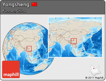 Shaded Relief Location Map of Yongsheng, within the entire country