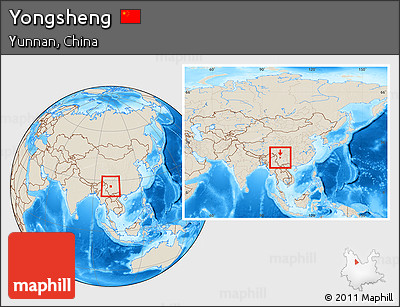 Shaded Relief Location Map of Yongsheng, within the entire country