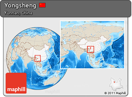Shaded Relief Location Map of Yongsheng, highlighted country, within the entire country