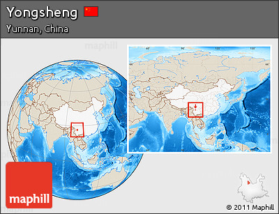 Shaded Relief Location Map of Yongsheng, highlighted country, within the entire country