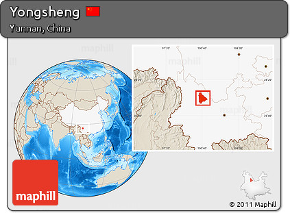 Shaded Relief Location Map of Yongsheng, highlighted country